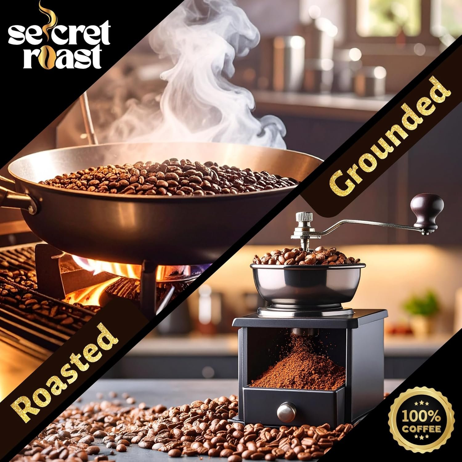 100% premium roasted and finely ground coffee beans by Secret Roast